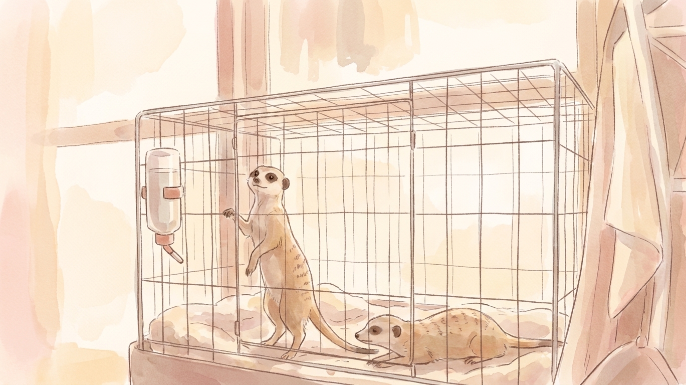 水彩イラスト: 霧雨の日にケージで過ごす うちの子たち